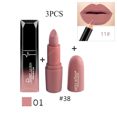 Professional Makeup Matte Lipstick Waterproof Long Lasting Lipgloss Nude Makeup Batom Lipliner Velvet Lip Stick Cosmetics Sets - labaii