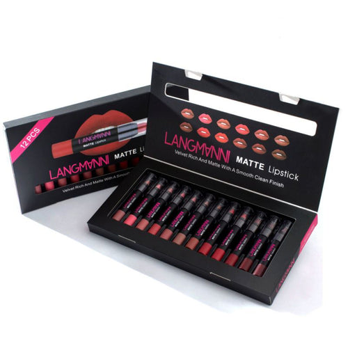 langmanni 12pcs Sexy Matte Lipstick Kits Lips Makeup Waterproof Nutritious Velvet Lip Stick Tint Nude Makeup Cosmetic - labaii